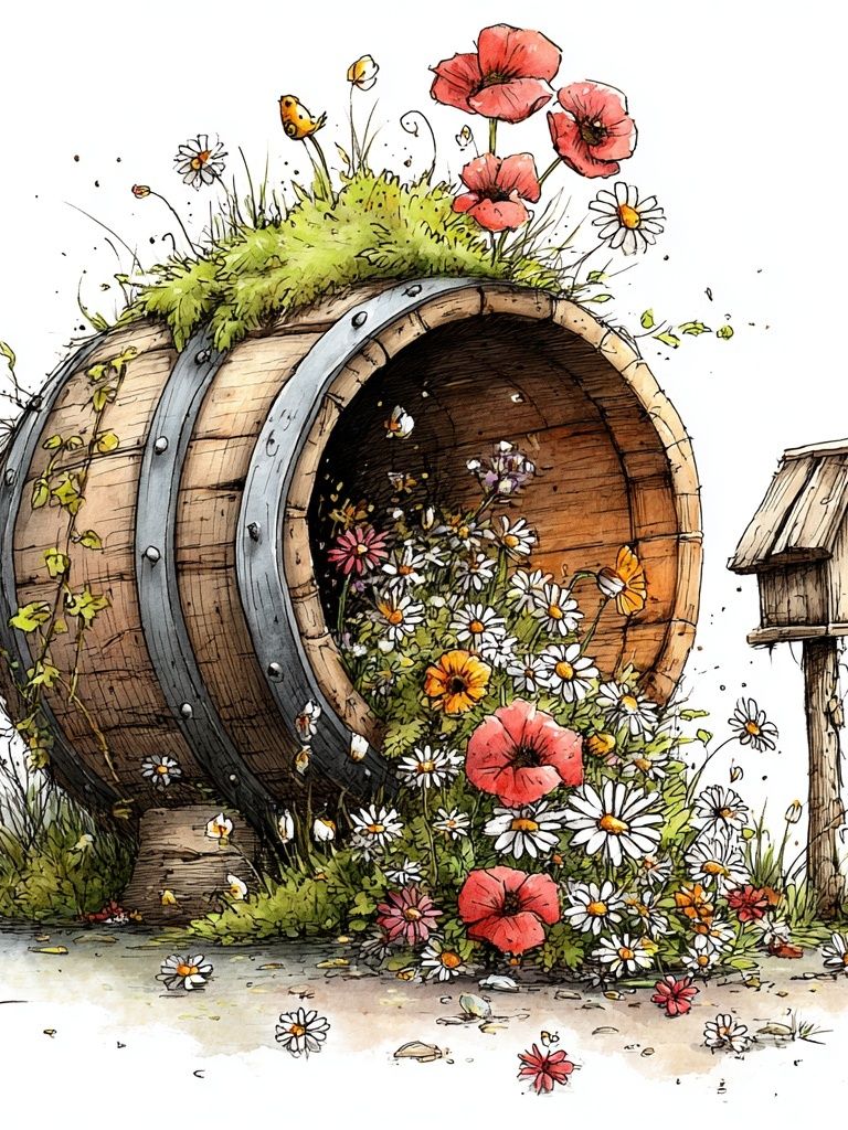Flower Barrel Garden Illustration Poster. poster detail