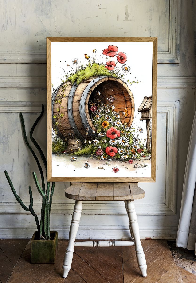 Flower Barrel Garden Illustration Poster. room preview