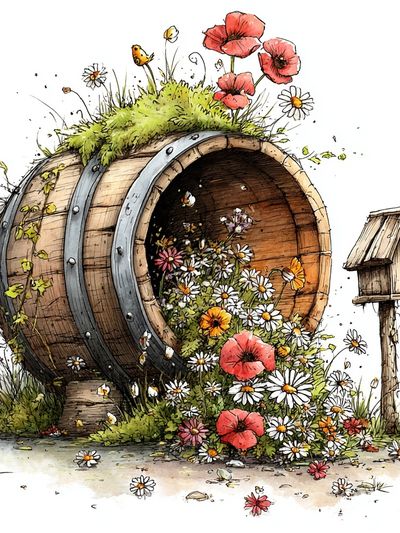 Flower Barrel Garden Illustration Poster. poster
