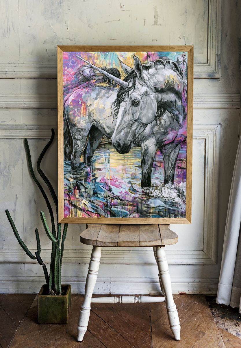 Unicorn in Colorful Forest Poster. — room view 1