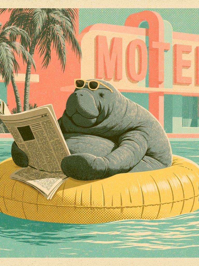 Manatee Motel Retro Illustration Poster. poster — illustration art