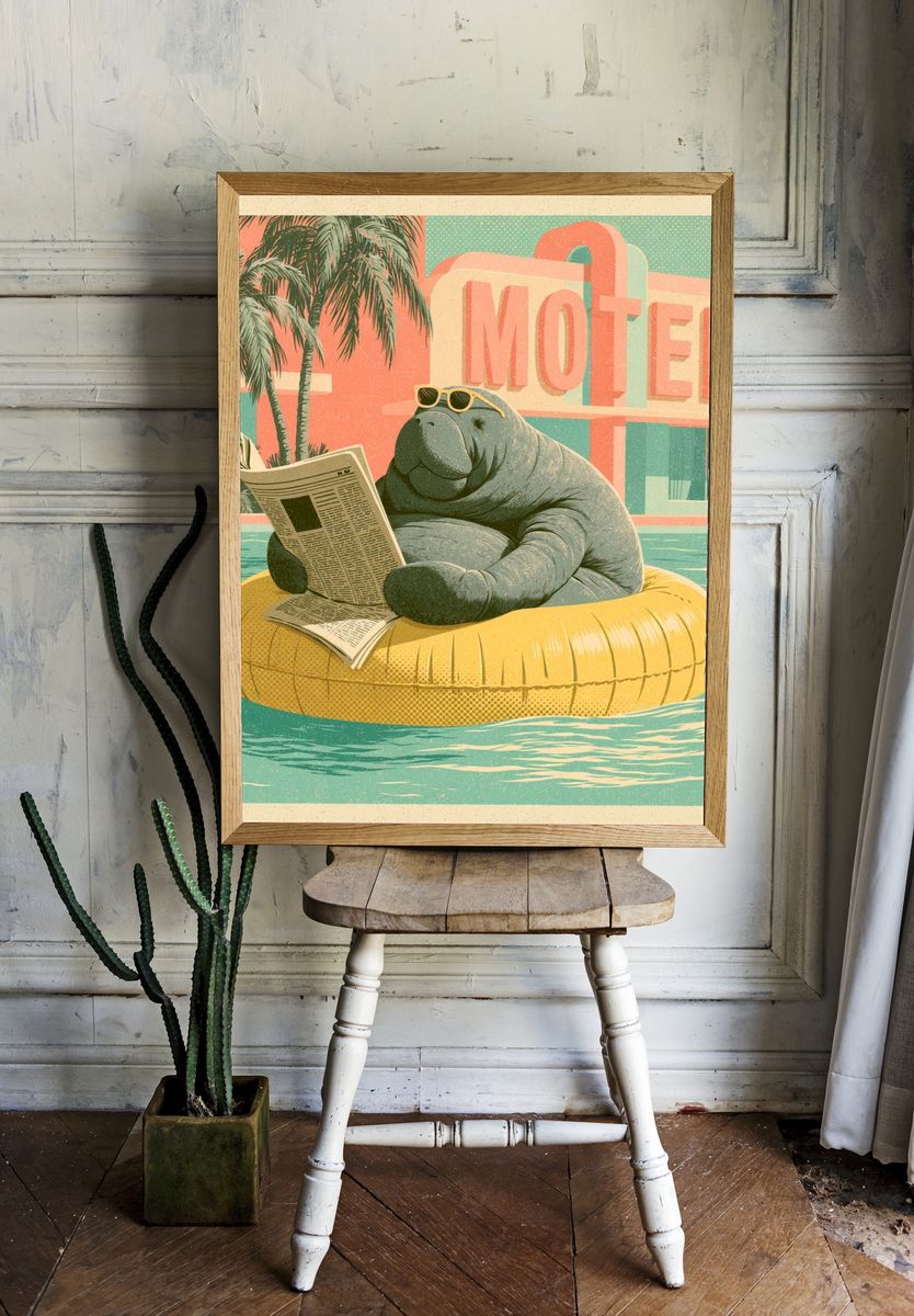 Manatee Motel Retro Illustration Poster. — room view 1