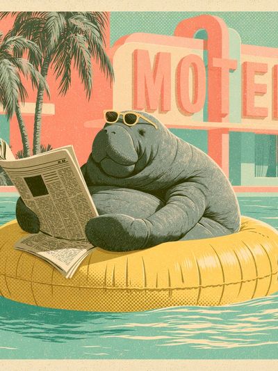Manatee Motel Retro Illustration Poster. poster print