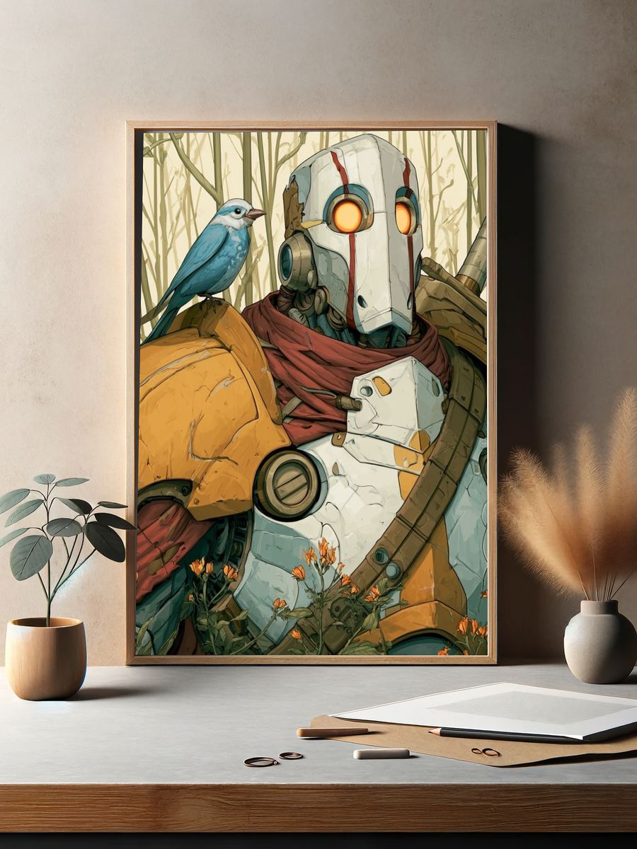 Robot and Bird Forest Illustration Poster. — room view 2