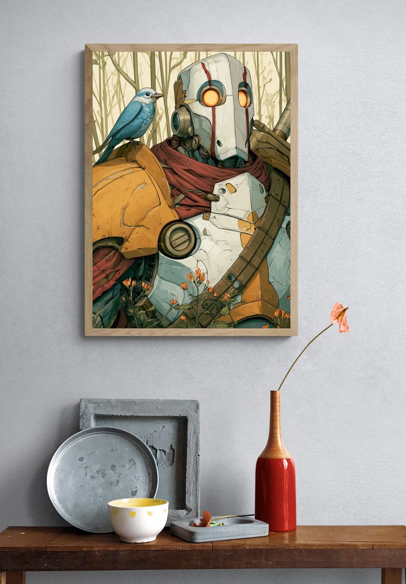 Robot and Bird Forest Illustration Poster. — room view 3