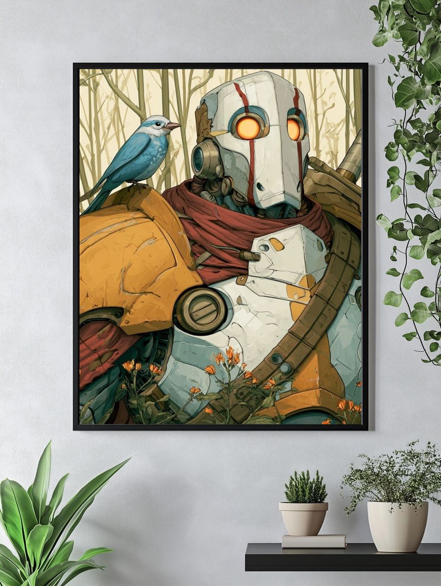 Robot and Bird Forest Illustration Poster. — room view 4