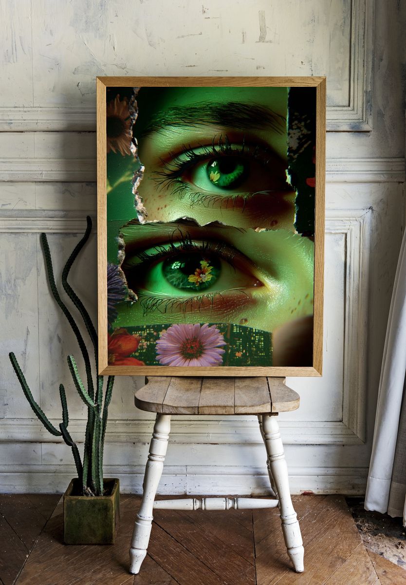 Green Floral Eyes Digital Art Print. room preview