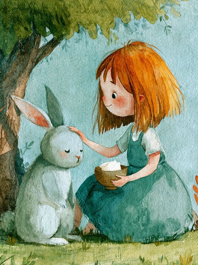 Girl and Rabbit Watercolor Print. poster detail
