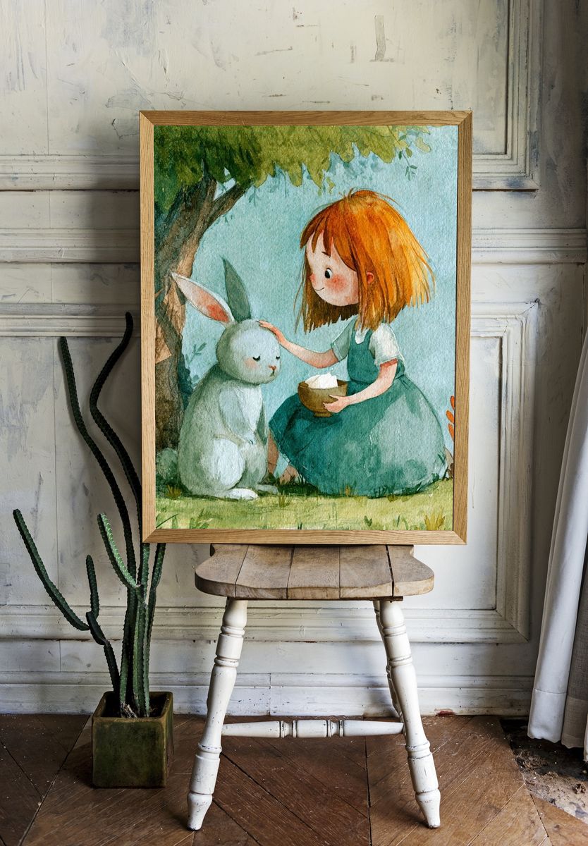 Girl and Rabbit Watercolor Print. — room view 1