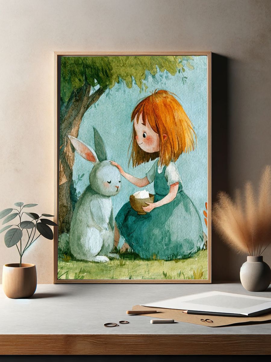 Girl and Rabbit Watercolor Print. — room view 2