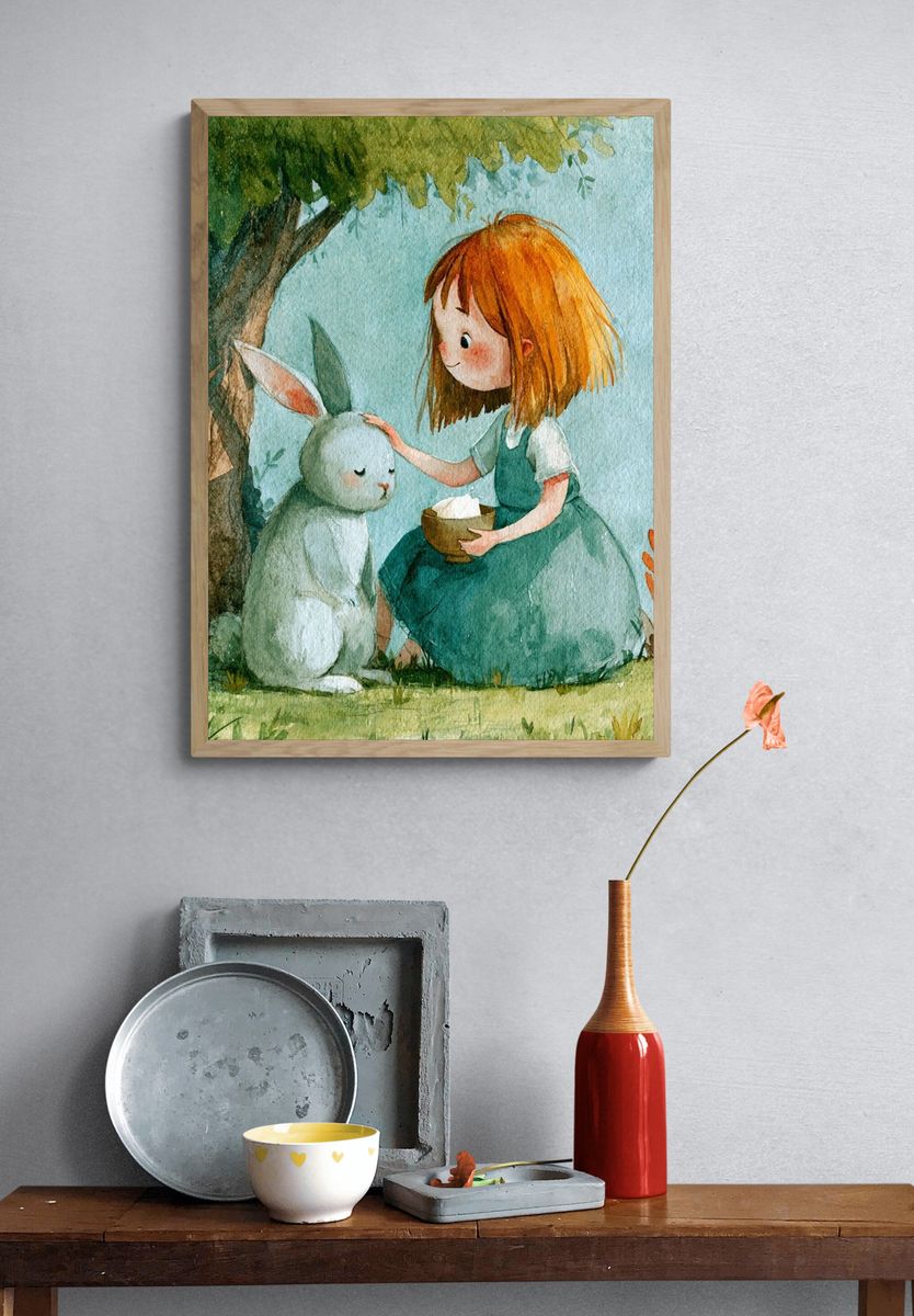 Girl and Rabbit Watercolor Print. — room view 3