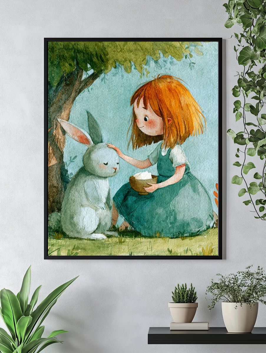Girl and Rabbit Watercolor Print. — room view 4