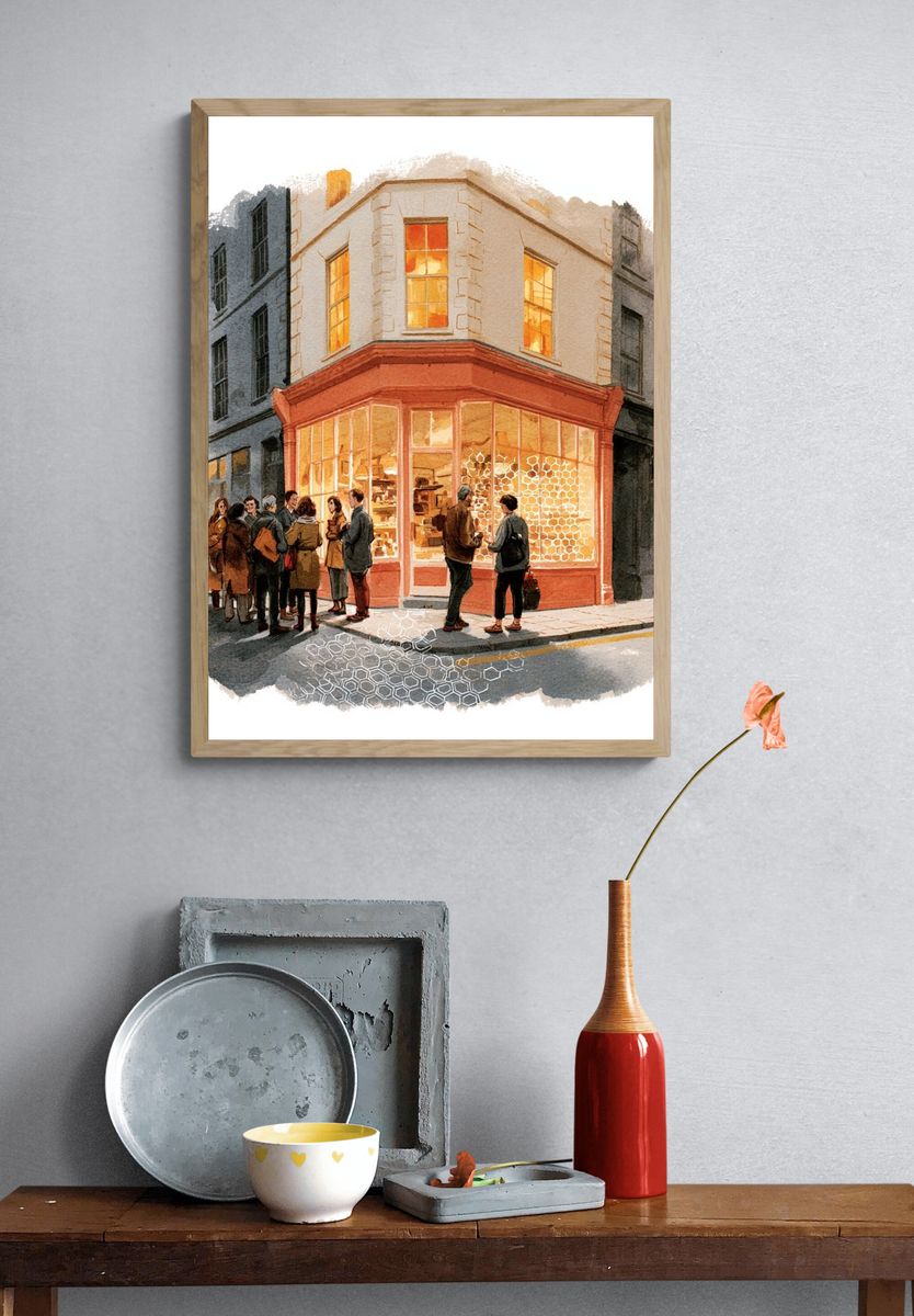 Corner Shop Watercolor Illustration Poster. — room view 3