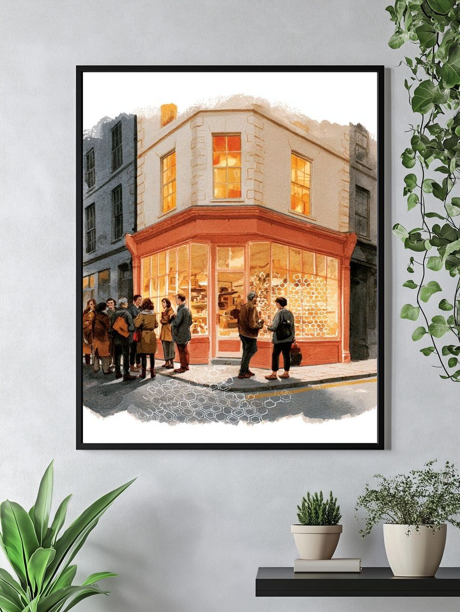 Corner Shop Watercolor Illustration Poster. — room view 4
