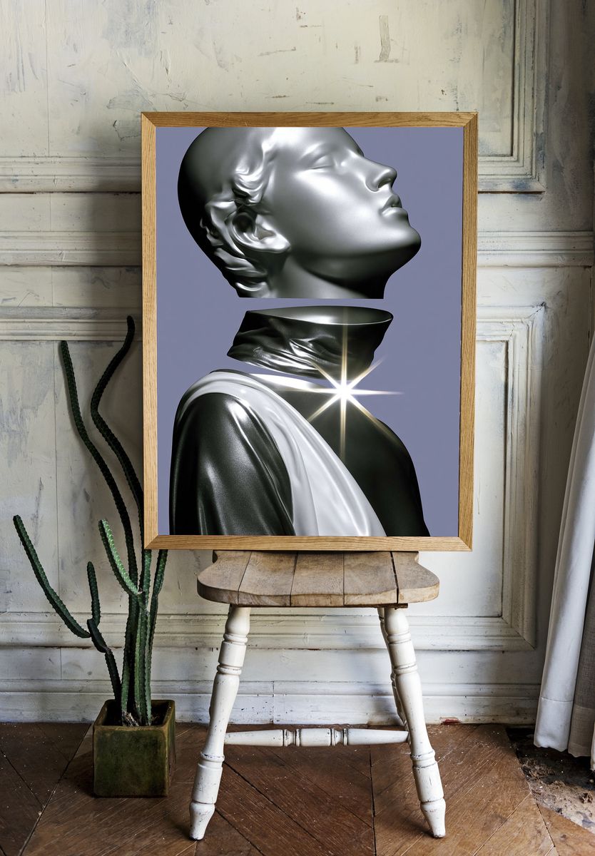 Surreal Metallic Bust Illustration Poster. — room view 1