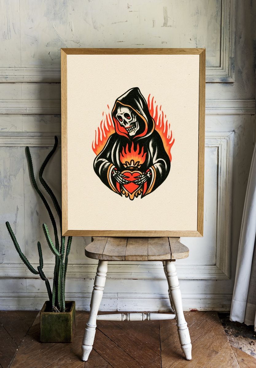 Grim Reaper Heart Flame Poster. — room view 1