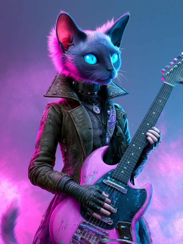 Neon Cat Guitarist Illustration Poster. poster detail