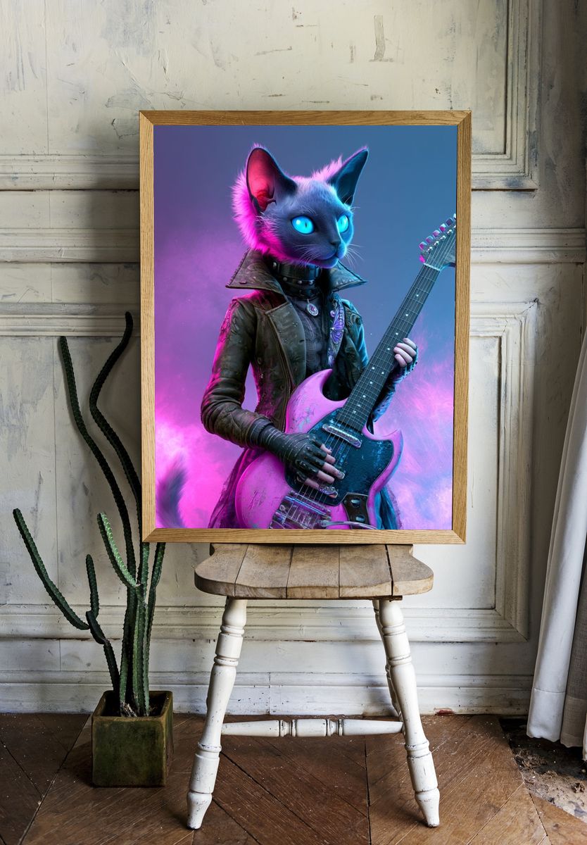 Neon Cat Guitarist Illustration Poster. — room view 1