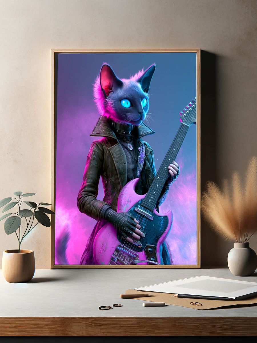 Neon Cat Guitarist Illustration Poster. — room view 2