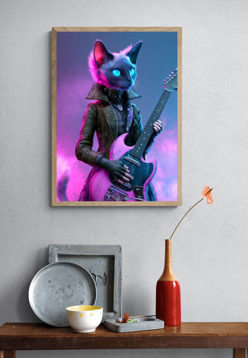 Neon Cat Guitarist Illustration Poster. — room view 3