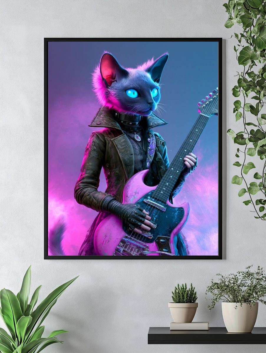 Neon Cat Guitarist Illustration Poster. — room view 4
