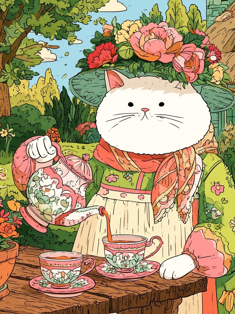 Garden Cat Tea Party Illustration Poster. poster detail