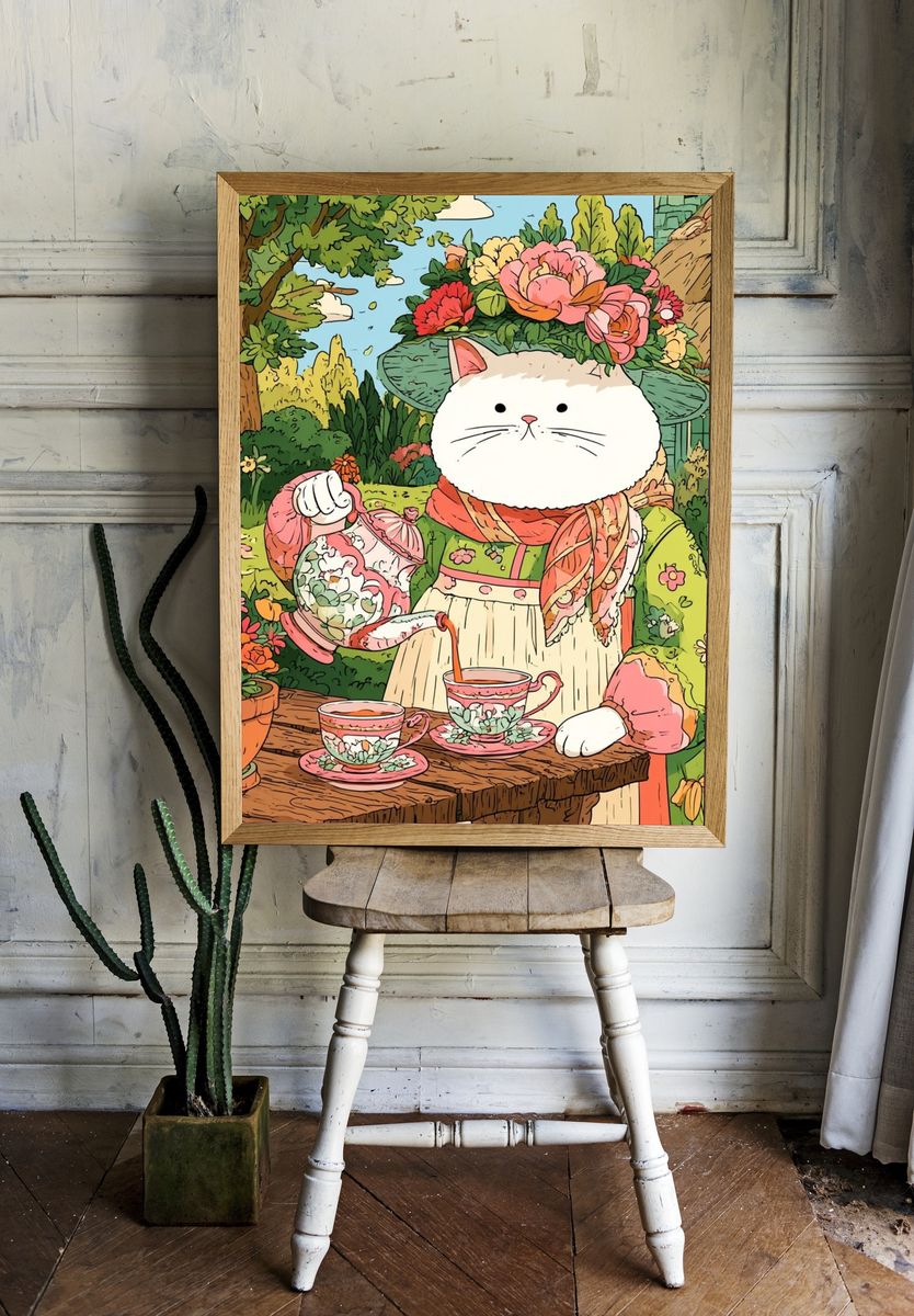 Garden Cat Tea Party Illustration Poster. — room view 1