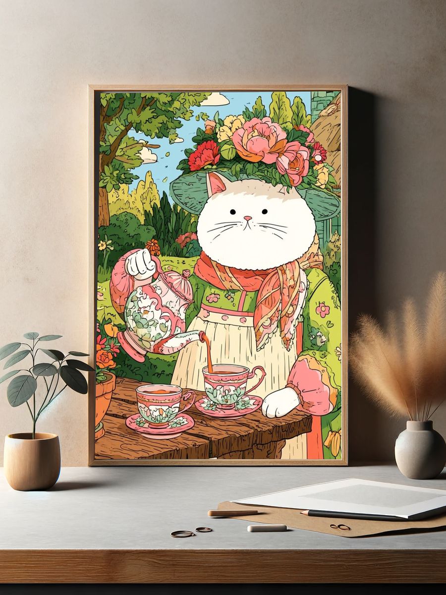 Garden Cat Tea Party Illustration Poster. — room view 2