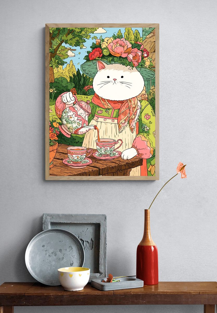 Garden Cat Tea Party Illustration Poster. — room view 3
