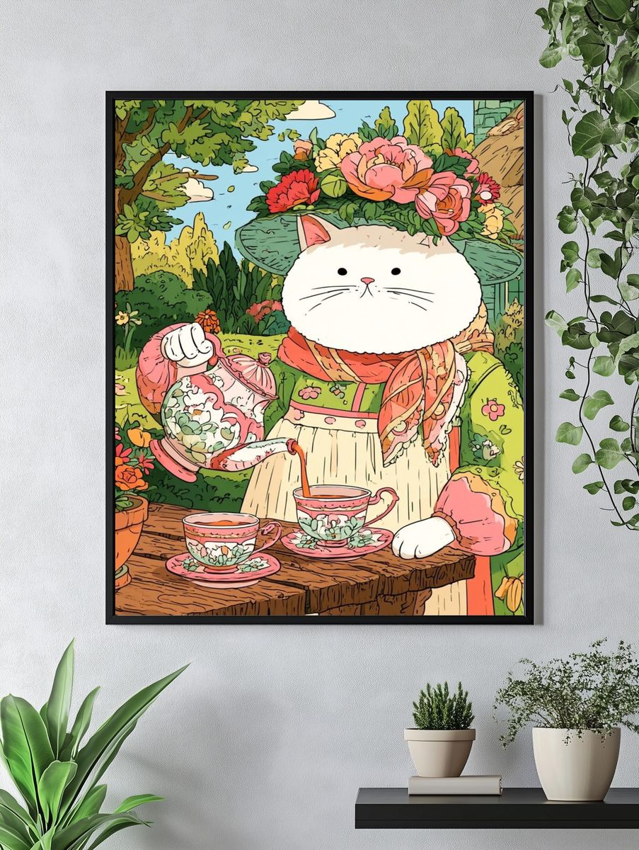Garden Cat Tea Party Illustration Poster. — room view 4