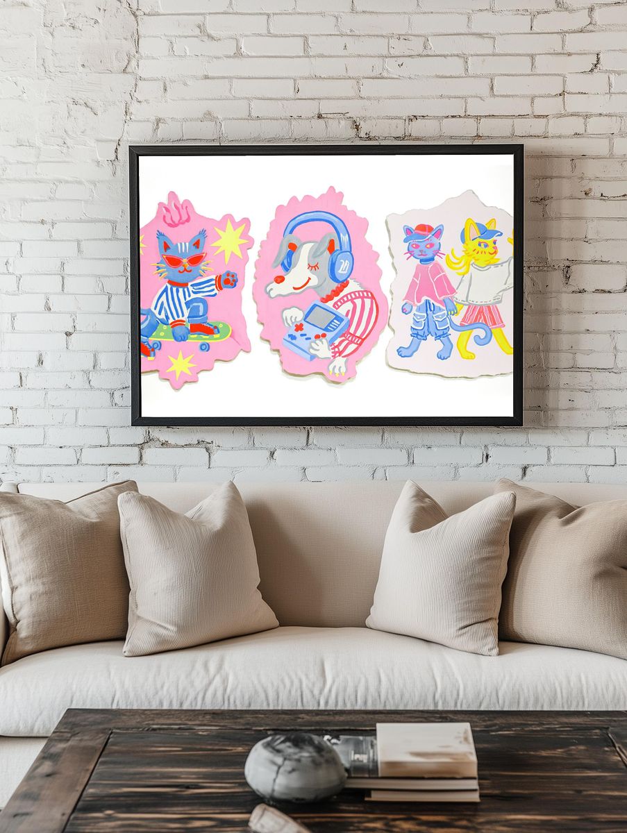 Playful Cat and Dog Illustration Poster. — room view 1