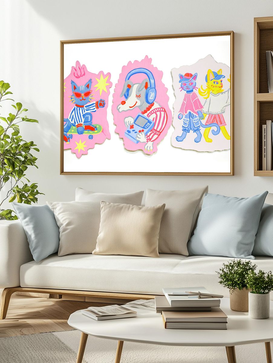 Playful Cat and Dog Illustration Poster. — room view 2