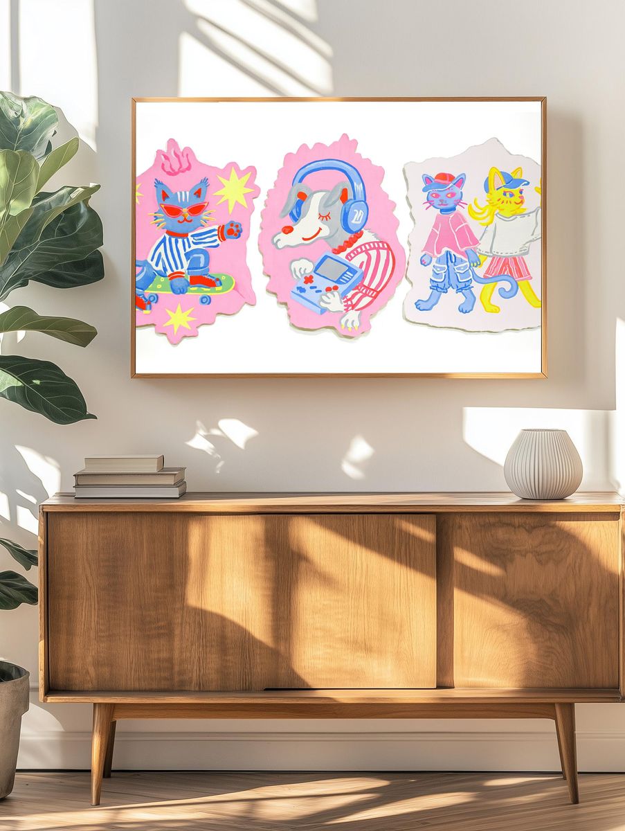 Playful Cat and Dog Illustration Poster. — room view 3