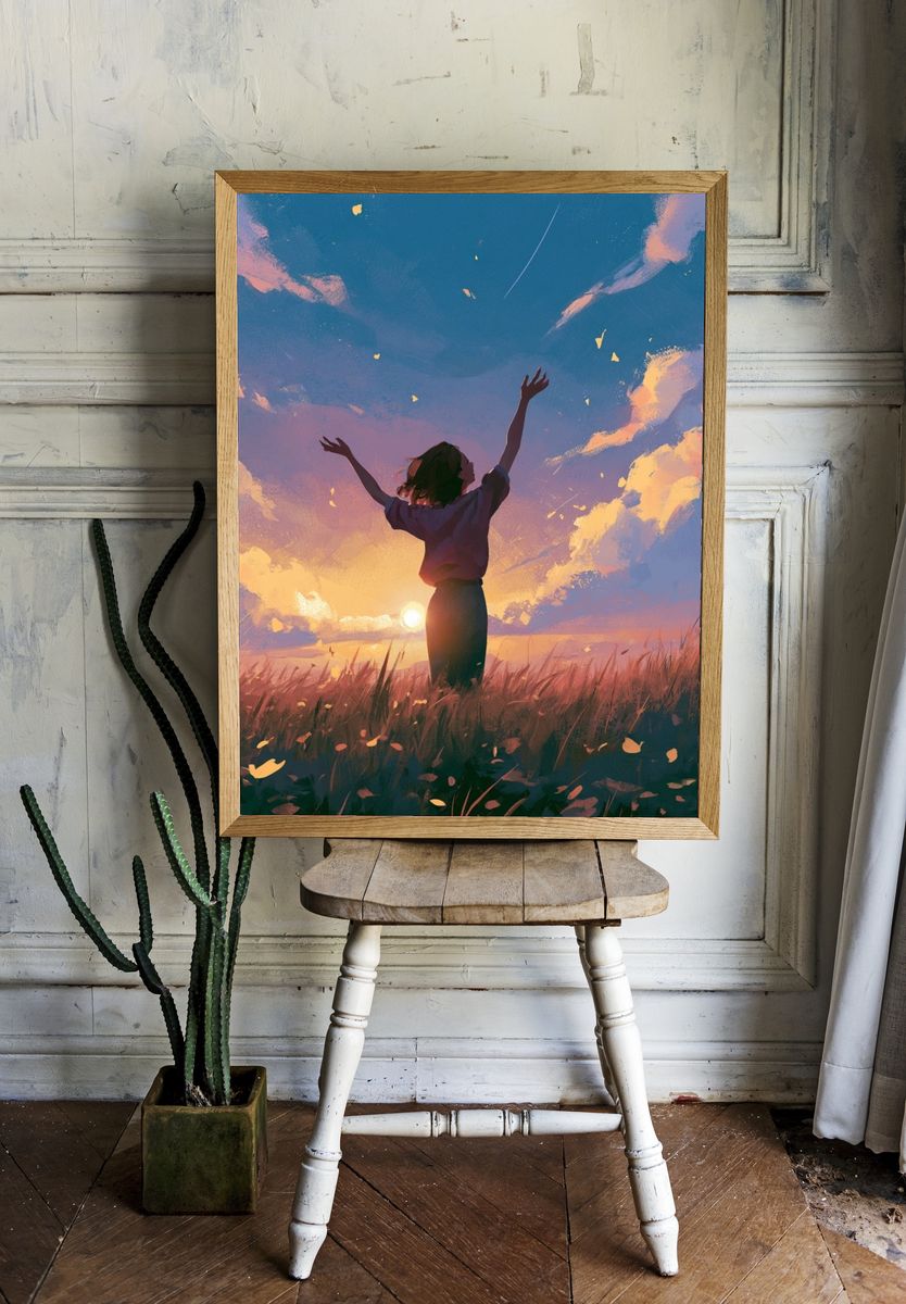 Sunset Meadow Silhouette Illustration Poster. — room view 1