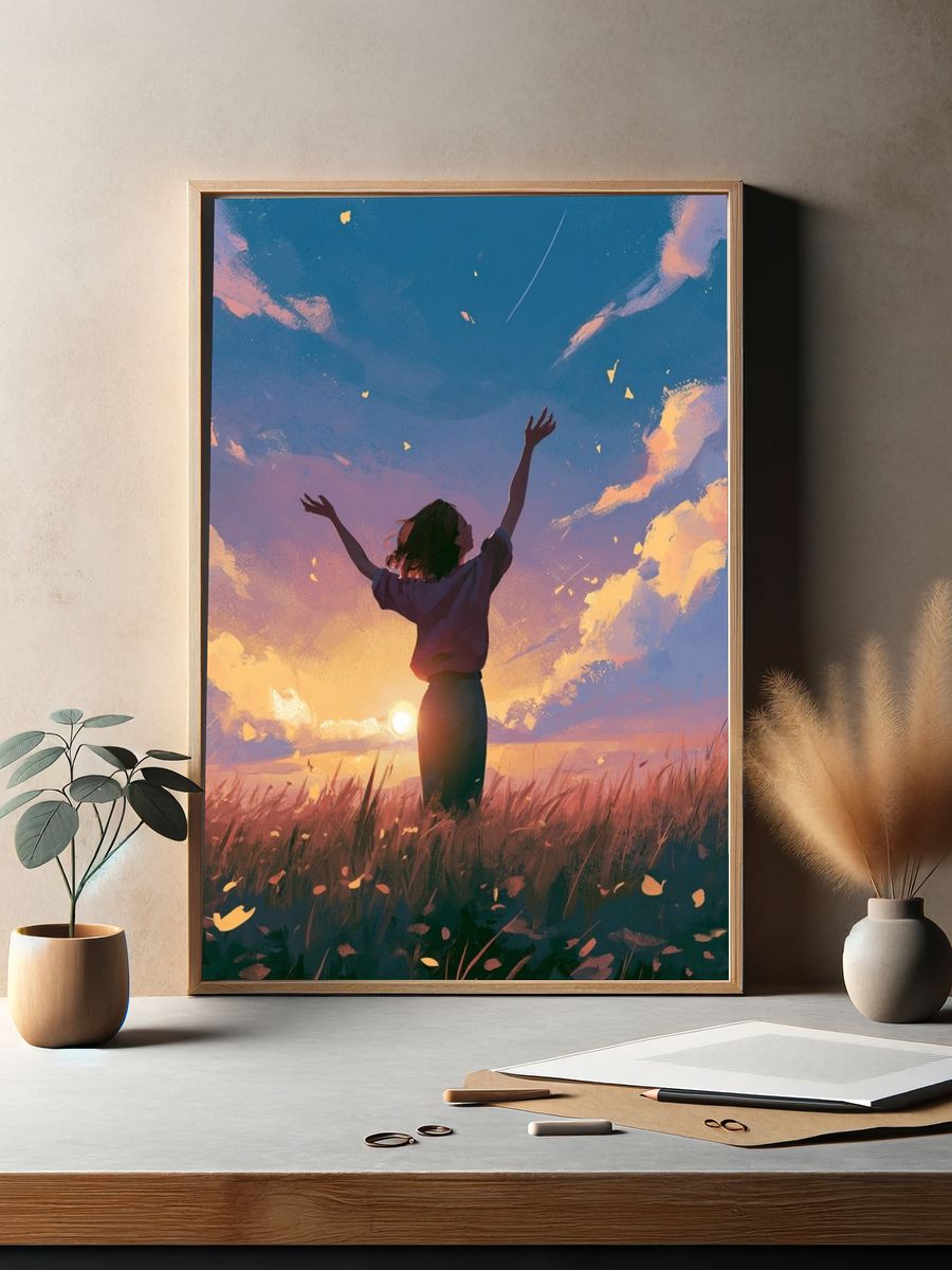 Sunset Meadow Silhouette Illustration Poster. — room view 2