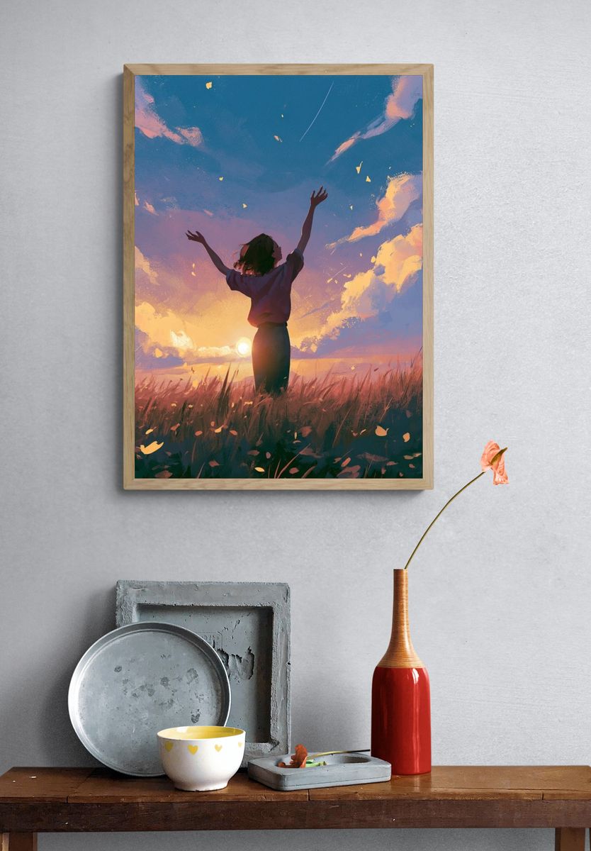 Sunset Meadow Silhouette Illustration Poster. — room view 3