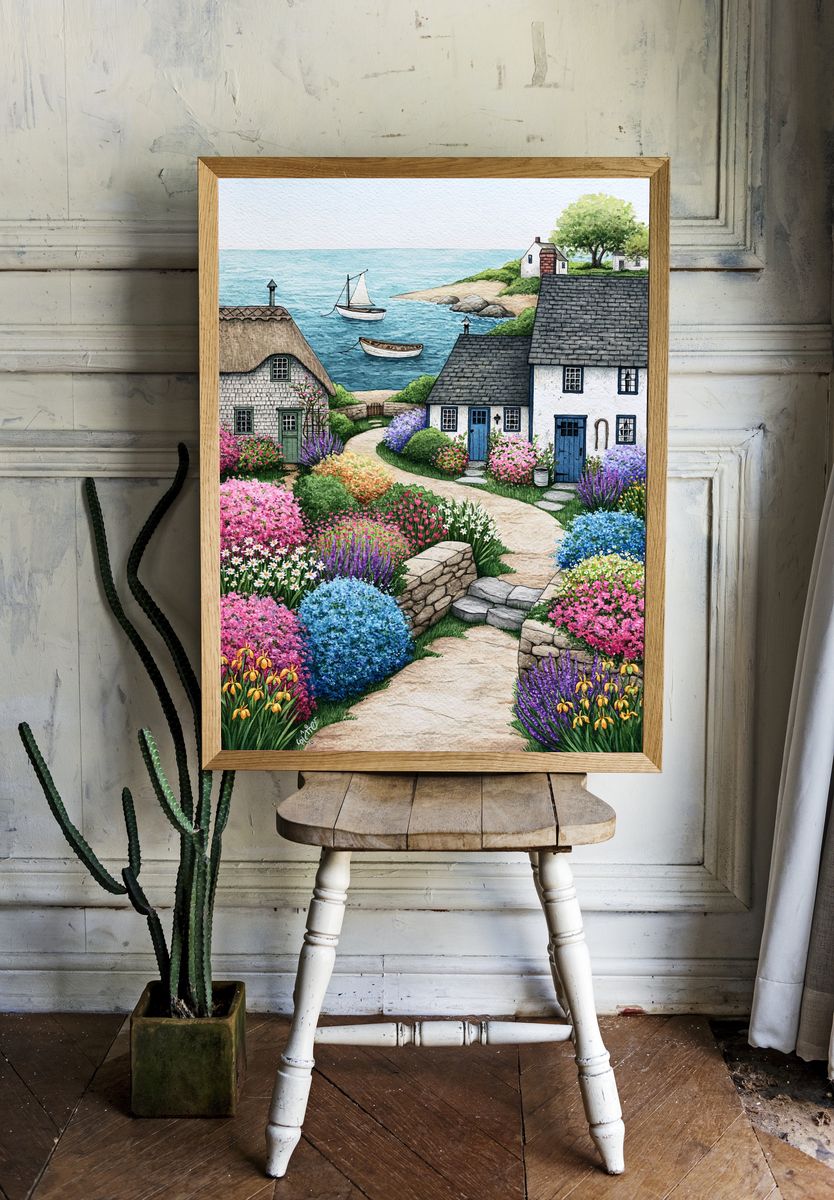 Coastal Cottage Garden Print. room preview