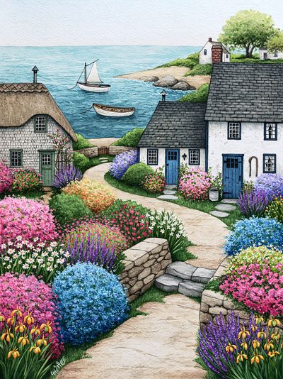 Coastal Cottage Garden Print. poster