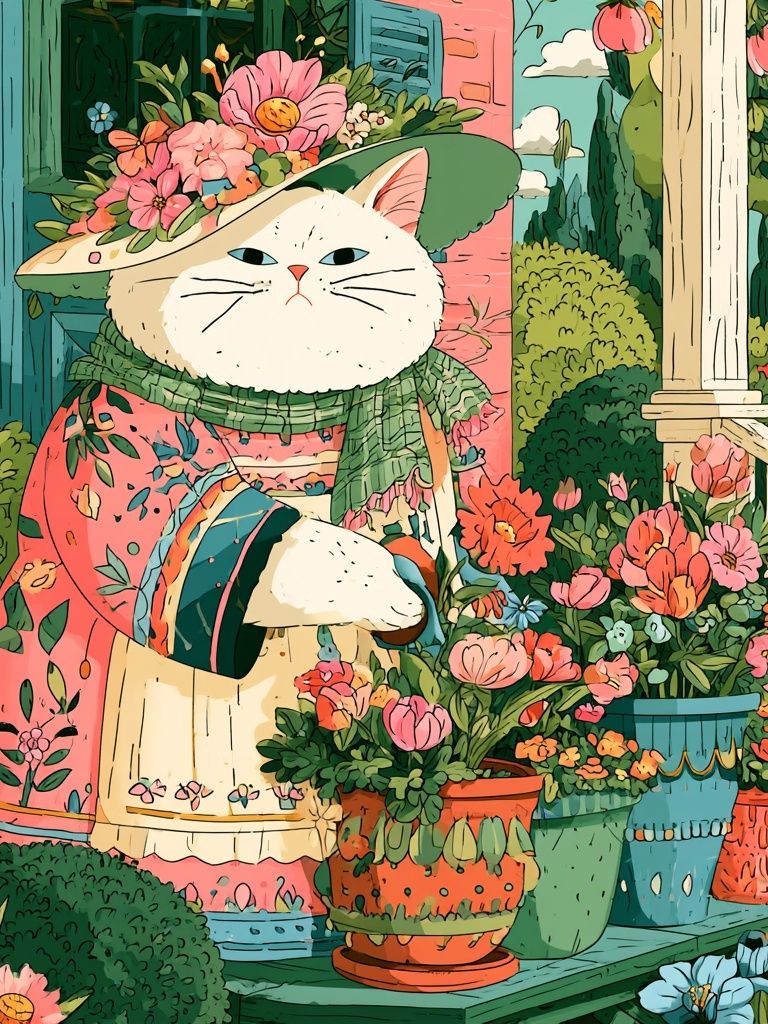 Floral Cat Garden Illustration Poster. poster detail