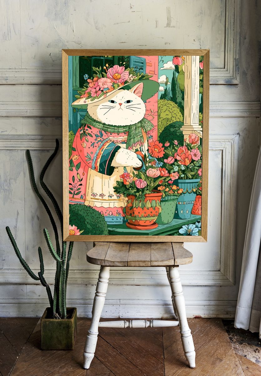 Floral Cat Garden Illustration Poster. room preview