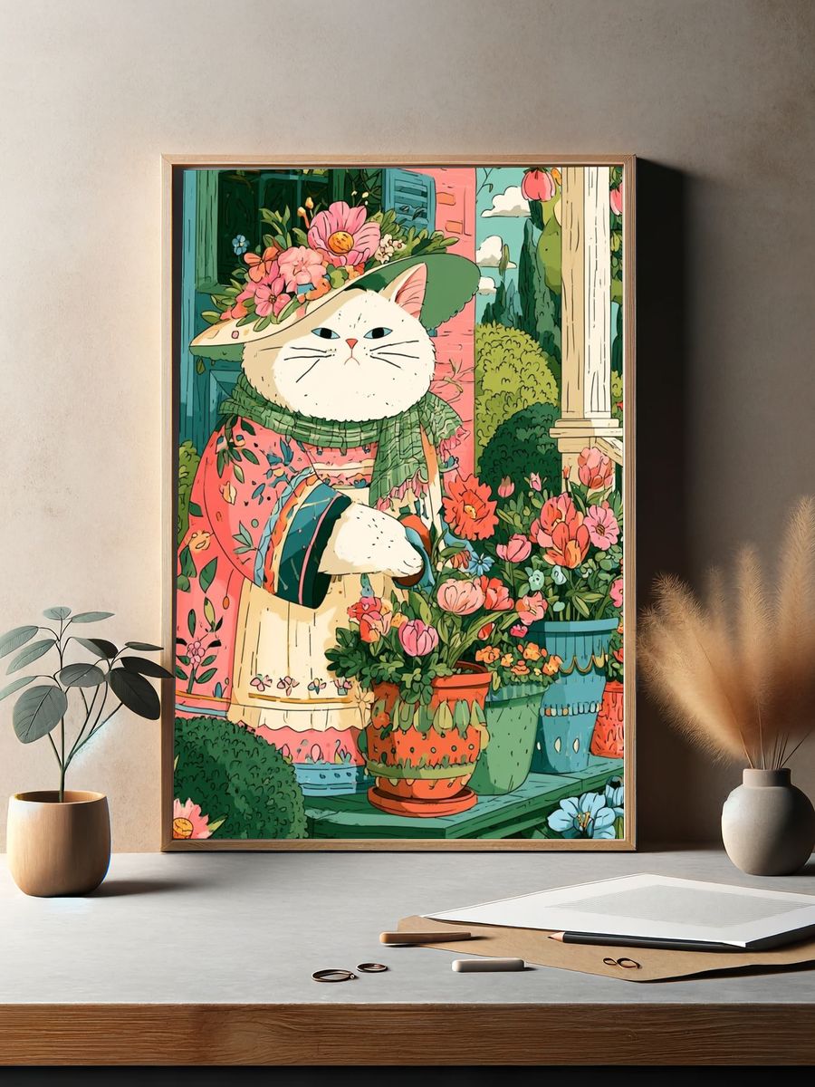 Floral Cat Garden Illustration Poster. — room view 2