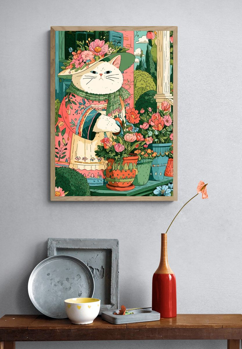 Floral Cat Garden Illustration Poster. — room view 3