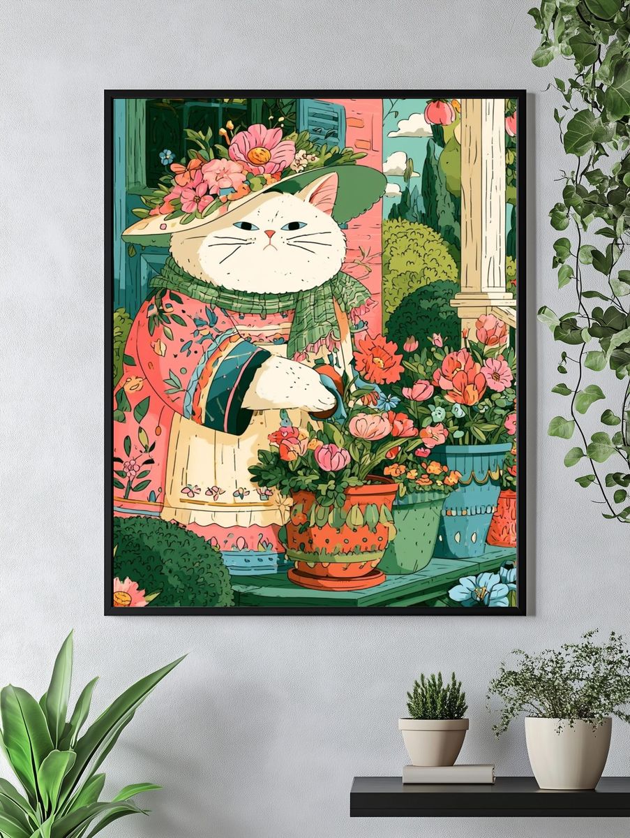 Floral Cat Garden Illustration Poster. — room view 4