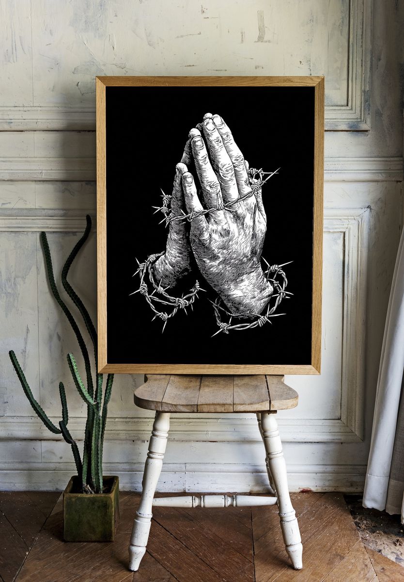 Praying Hands Barbed Wire Poster. room preview