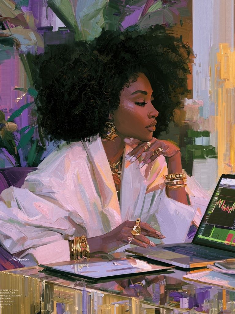 Confident Woman at Laptop Illustration Poster. poster detail