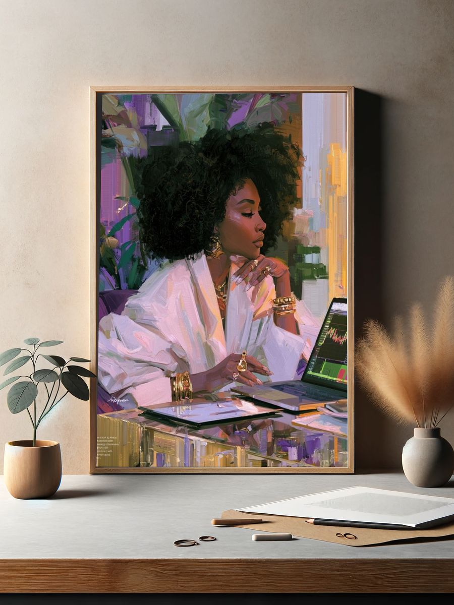 Confident Woman at Laptop Illustration Poster. — room view 2