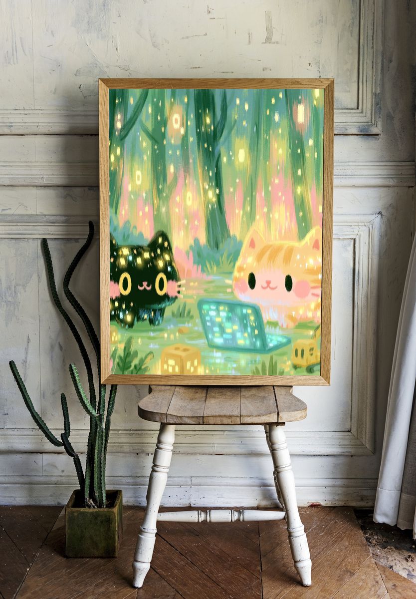 Glowing Cat Forest Illustration Poster. — room view 1