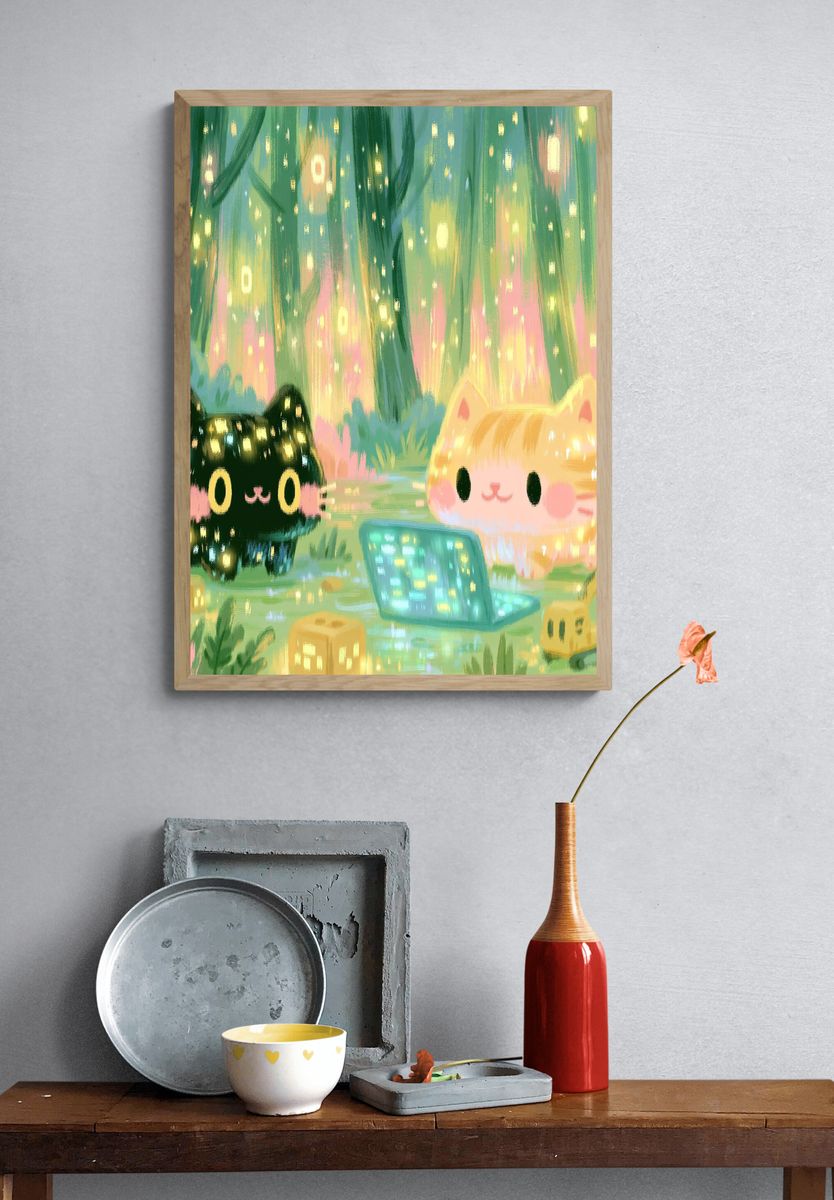 Glowing Cat Forest Illustration Poster. — room view 3