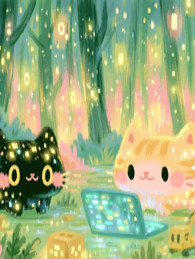 Glowing Cat Forest Illustration Poster. poster