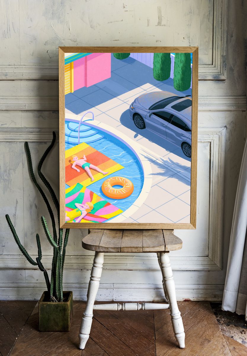 Poolside Summer Scene Illustration Poster. room preview
